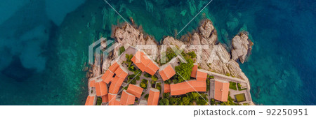 BANNER, LONG FORMAT Aerophotography. View from flying drone. Panoramic view of Sveti Stefan island in Budva in a beautiful summer day, Montenegro. Top View. Beautiful destinations BANNER, LONG FORMAT Aerophotography. View from flying drone. Panoramic view of Sveti Stefan island in Budva in a beautiful summer day, Montenegro. Top View. Beautiful destinations 92250951