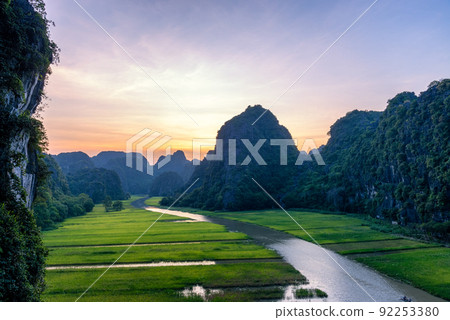 Yellow rice field on Ngo Dong river in Tam Coc Bich Dong from mountain top view in Ninh Binh, Viet Nam Yellow rice field on Ngo Dong river in Tam Coc Bich Dong from mountain top view in Ninh Binh, Viet Nam 92253380