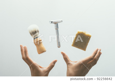 set for shaving with metal safe razor, wooden brush and soap. 92256642