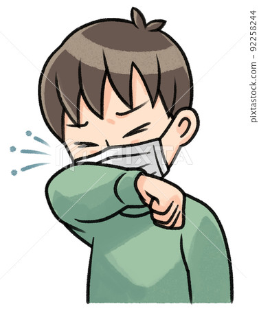 一個戴著口罩，用手臂摀住咳嗽的人 92258244