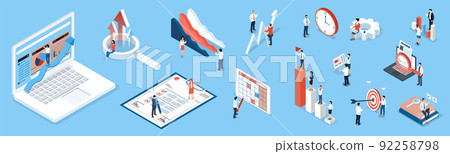 3D isometric Business activities concept with office workers process a work scheduling, planning. Modern trendy concepts for web sites and mobile web sites. Vector illustration eps10 92258798