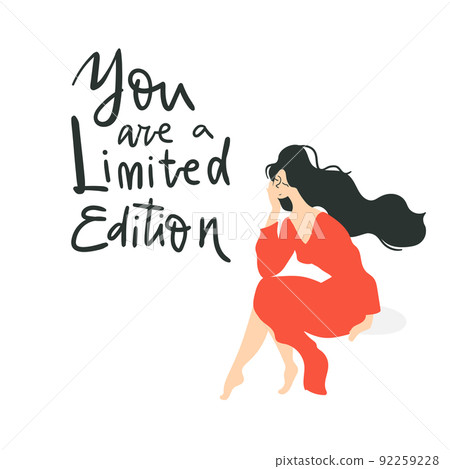 You are a limited edition. Beautiful woman in the red dress is happy today. Concept illustration. 92259228
