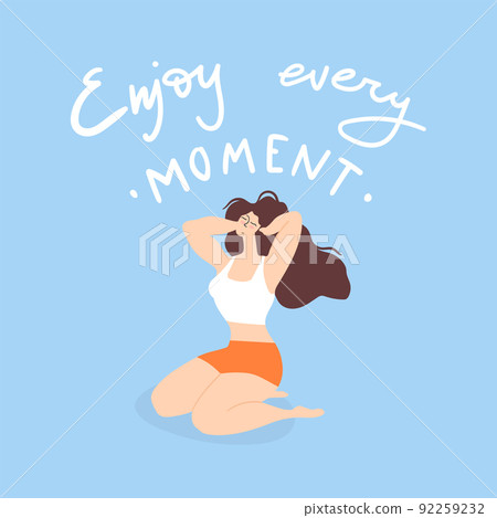 Enjoy every moment. Beautiful sporty woman sit in the floor. Concept illustration. 92259232