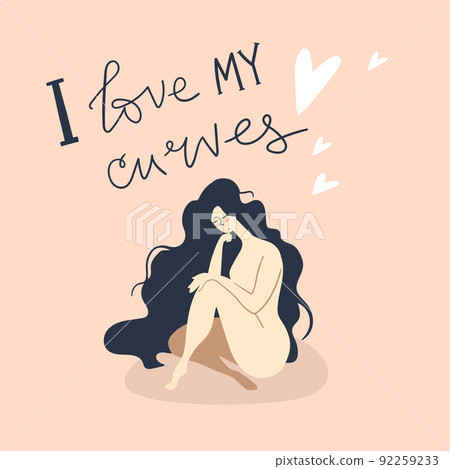 I love my curves. Beautiful naked woman sit in the floor. 92259233