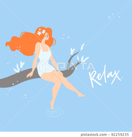 Relax. Beautiful calm woman sit on the branch and touch the water by their feet. Concept illustration. Good vibes. 92259235