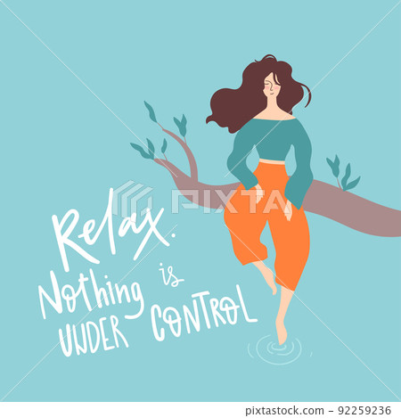 Relax. Beautiful calm woman sit on the branch and touch the water by their feet. Concept illustration. Good vibes. 92259236