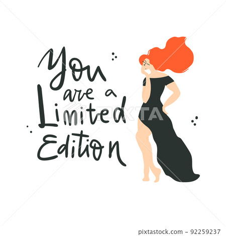 You are a limited edition. Beautiful woman in the black dress is happy today. Concept illustration. 92259237