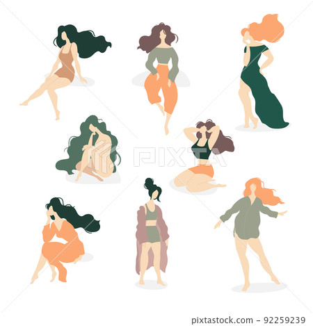 Set of beautiful woman silhouette. Feminine ladies in home, sports and elegant clothes. Beautiful girls with long hair. 92259239
