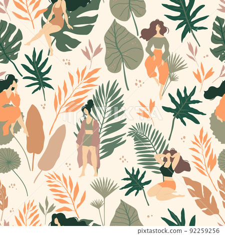 Seamless pattern with tropical spirit and beautiful women. Jungle leaves and palms. Ideal for wallpaper or wrapping paper. 92259256