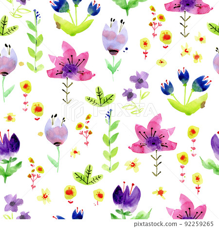 Seamless pattern with watercolor flowers. Bright, fresh and juicy. Perfect for fabric, home textile, sketchbook or notebook cover, wrapping paper, wallpaper. 92259265