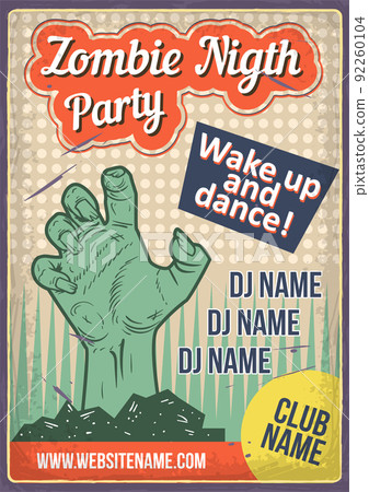 Advertising poster design with illustration of a zombie's hand on dusty background. Advertising poster design with illustration of a zombie's hand on dusty background. 92260104