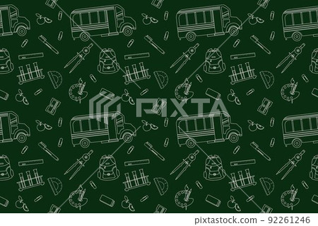 Back to school Seamless pattern with chalk drawing on blackboard. School bus, Ruler, eraser, backpack, sharpener, globe, apple, laptop, compass. Outline illustration for teenagers or children. Back to school Seamless pattern with chalk drawing on blackboard. School bus, Ruler, eraser, backpack, sharpener, globe, apple, laptop, compass. Outline illustration for teenagers or children. 92261246