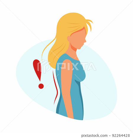 Woman with curvature of spine. Scoliosis and back pain. Vector illustration in cartoon style. Woman with curvature of spine. Scoliosis and back pain. Vector illustration in cartoon style. 92264428