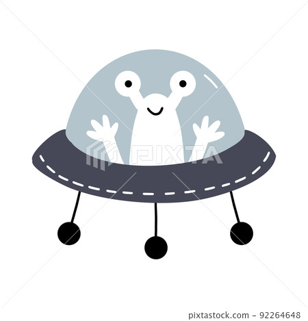 Funny alien in flying saucer. UFO. Vector doodle illustration for children. Design poster in nursery. 92264648
