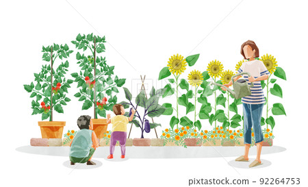 Handwritten watercolor style illustration of a person watering in a vegetable garden 92264753