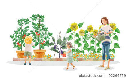 Handwritten watercolor style illustration of a person watering in a vegetable garden 92264759