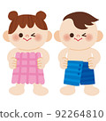 Illustration of a girl and a boy changing into a swimsuit with a rolled towel 92264810