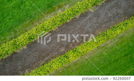 garden detail in aerial view with sand path going between two hedges 92268007