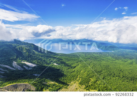 Lake Shikotsu seen from Mt. Tarumae (aerial view) 92268332
