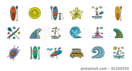 SUP boarding icons set. Stand up paddling elements for your design. People on paddle boards and equipment 92269209
