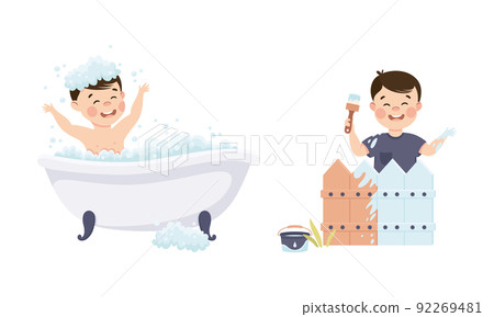 Cute little boy in everyday activities set. Smiling kid bathing in bathtub and coloring fence with brush cartoon vector illustration 92269481
