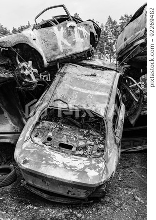 Dump of war-destroyed cars in Ukraine, black and white photo Dump of war-destroyed cars in Ukraine, black and white photo 92269482