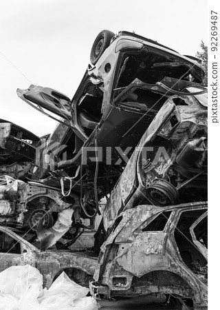 Dump of war-destroyed cars in Ukraine, black and white photo Dump of war-destroyed cars in Ukraine, black and white photo 92269487