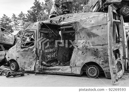 Dump of war-destroyed cars in Ukraine, black and white photo Dump of war-destroyed cars in Ukraine, black and white photo 92269593