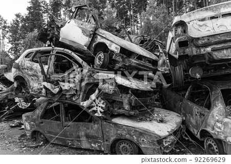 Dump of war-destroyed cars in Ukraine, black and white photo Dump of war-destroyed cars in Ukraine, black and white photo 92269629