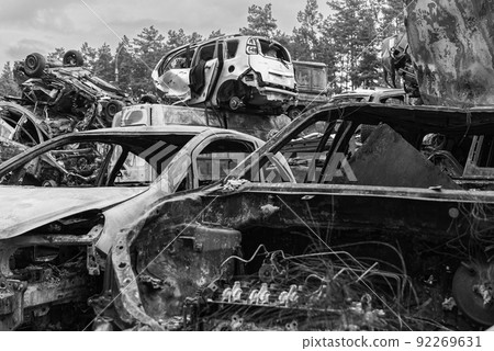 Dump of war-destroyed cars in Ukraine, black and white photo Dump of war-destroyed cars in Ukraine, black and white photo 92269631