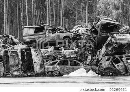 Dump of war-destroyed cars in Ukraine, black and white photo Dump of war-destroyed cars in Ukraine, black and white photo 92269651