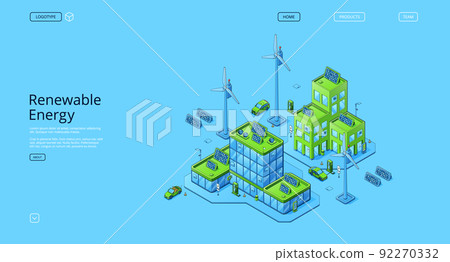 Renewable energy isometric landing page, eco city 92270332