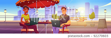 Freelancers couple with laptops work on rooftop 92270603
