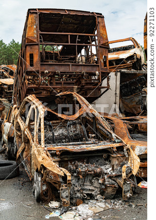 Irpin, Bucha district, Ukraine - war-destroyed cars 92271103
