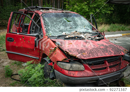 Consequences of the war in Ukraine - destroyed cars in Irpin, Bucha district. 92271387