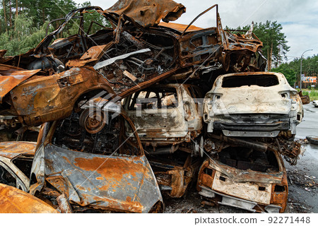 Consequences of the war in Ukraine - destroyed cars in Irpin, Bucha district. Consequences of the war in Ukraine - destroyed cars in Irpin, Bucha district. 92271448