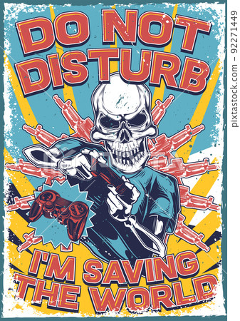 Poster design with illustration of a skeleton with a joystick in its hands on vintage background. 92271449