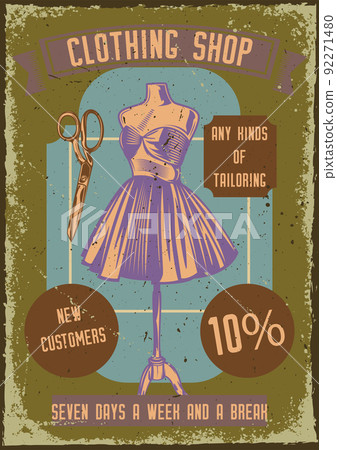Poster design with illustration of a mannequin with a dress on and scissors on vintage background. 92271480