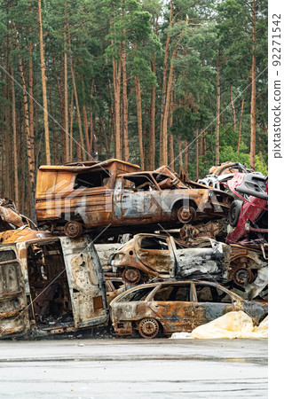 Consequences of the war in Ukraine - destroyed cars in Irpin, Bucha district. 92271542
