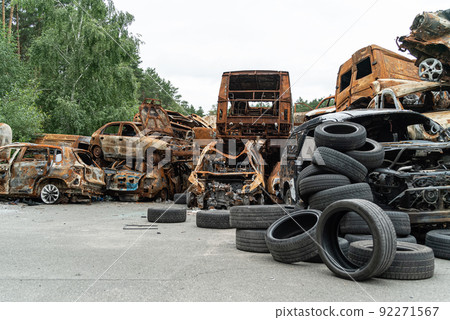 Irpin, Bucha district, Ukraine - war-destroyed cars 92271567