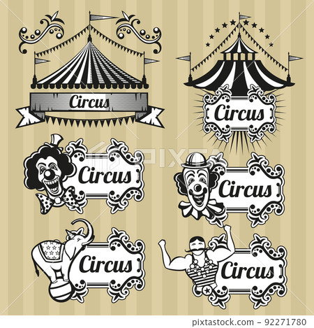 Vintage circus vector emblems, logos, labels set 92271780