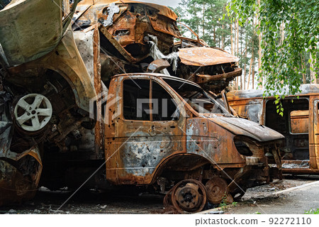 Consequences of the war in Ukraine - destroyed cars in Irpin, Bucha district. 92272110