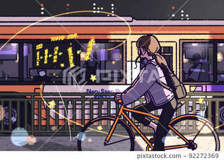 Illustration of a woman leaving work on a bicycle 92272369