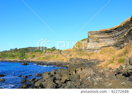 Suwolbong geological trail, snow layer, coast, beach, cliff, lava, Eongal coast, promenade, 92272686
