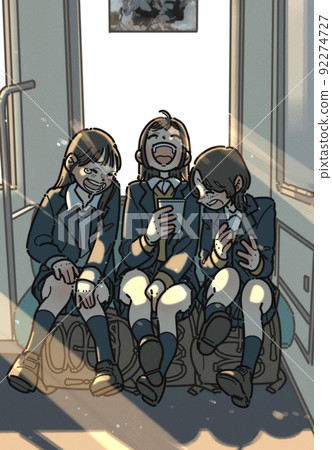 Illustration of one page of youth laughing on the train while commuting to school Illustration of one page of youth laughing on the train while commuting to school 92274727