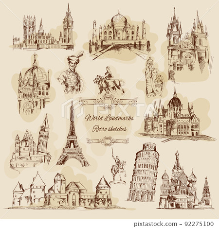 World Landmarks Sketch Vintage Icons Set 92275100