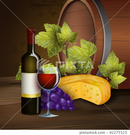 Wine bottle and oak barrel background Wine bottle and oak barrel background 92275523