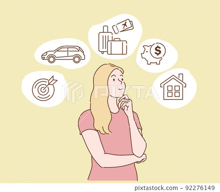 Young woman dreaming about home, investment, travel, car and money saving. Hand drawn in thin line style, vector illustrations. Young woman dreaming about home, investment, travel, car and money saving. Hand drawn in thin line style, vector illustrations. 92276149