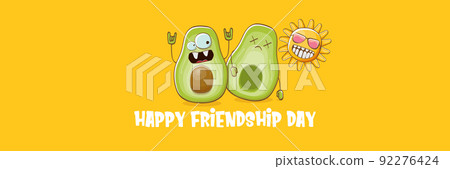 Happy friendship day cartoon comic horizontal banner with two funky avocado friends and cartoon sun isolated on orange background. Friendship day funky greeting card or party flyer. BFF concept 92276424