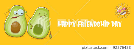 Happy friendship day cartoon comic horizontal banner with two funky avocado friends and cartoon sun isolated on orange background. Friendship day funky greeting card or party flyer. BFF concept 92276428